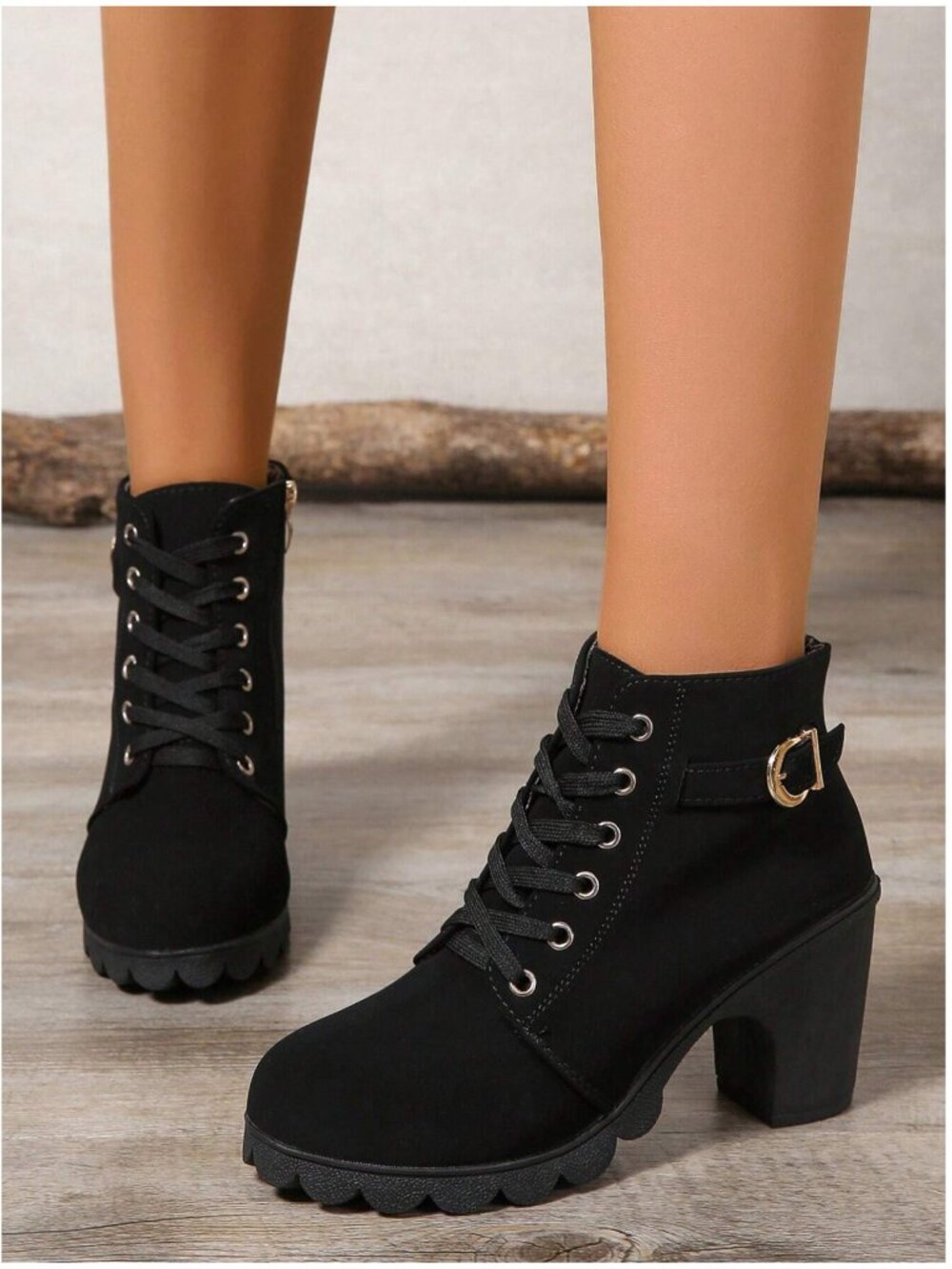 NWOT Black Lace Up Side Zip Chunky Heel Ankle Boots 7.5 - Picture 3 of 11